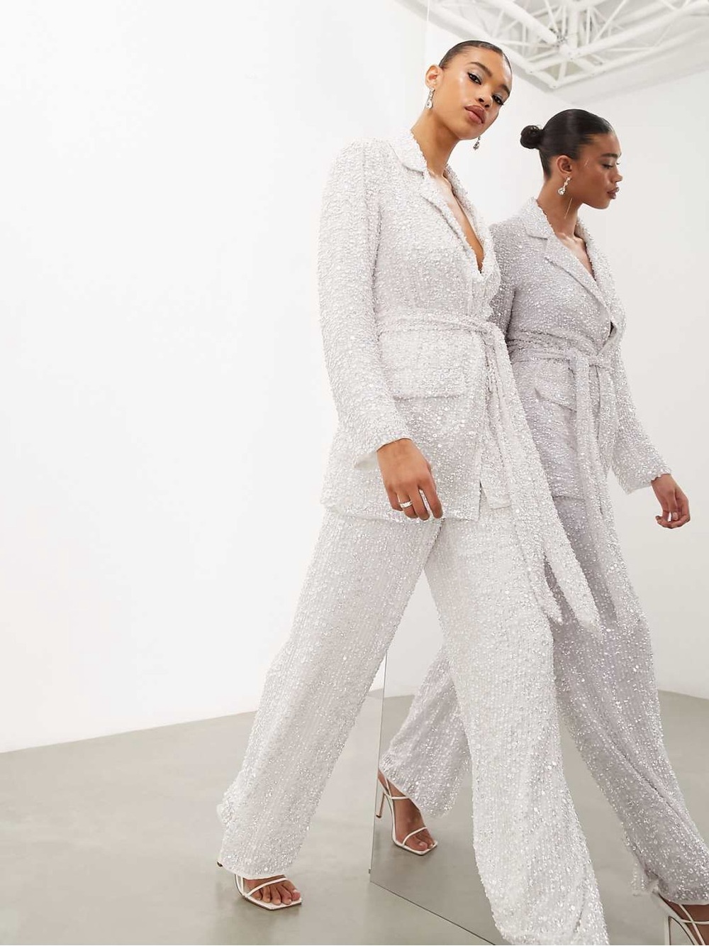 ASOS Ivory Sequin Blazer and Straight-Leg Pants Set SZ 2 (small)